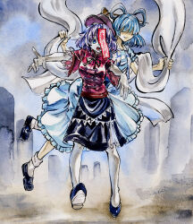  2girls black_ribbon black_skirt blue_dress blue_eyes blue_hair blue_shoes breasts chinese_clothes closed_mouth colored_skin commentary_request dress faceless faceless_female full_body grey_skin hagoromo hair_ornament hair_over_eyes hair_rings hair_stick hat highres jiangshi kabaji kaku_seiga looking_at_viewer medium_breasts miyako_yoshika multiple_girls neck_ribbon newsboy_cap ofuda ofuda_over_one_eye open_clothes open_mouth open_vest outstretched_arms painting_(medium) purple_hair purple_hat red_shirt ribbon sharp_teeth shawl shikishi shirt shoes short_hair short_sleeves skirt smile socks tangzhuang teeth tombstone touhou traditional_media vest watercolor_(medium) white_socks white_vest zombie_pose 