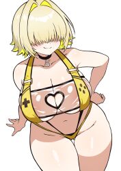  1girl :3 blonde_hair breasts closed_mouth commentary_request ecgg_(tsuji418477) elegg_(boom_and_shock)_(nikke) elegg_(nikke) goddess_of_victory:_nikke hair_over_eyes highres large_breasts multicolored_hair navel official_alternate_costume one-piece_swimsuit simple_background smile solo standing swimsuit thighs two-tone_hair white_background yellow_one-piece_swimsuit 