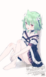  1girl against_wall animal_ear_fluff animal_ear_piercing animal_ears bare_legs barefoot black_choker black_dress brooch cat_ears cat_girl choker commentary criss-cross_halter dress fang flat_chest foot_out_of_frame frilled_dress frills frown gothic_lolita green_hair hair_ornament halterneck hands_on_own_leg highres hololive jewelry lolita_fashion low_twintails medium_hair multiple_piercings off-shoulder_dress off_shoulder on_floor open_mouth red_eyes short_dress short_sleeves simple_background sitting sketch skin_fang skull_brooch skull_hair_ornament solo twintails uruha_rushia uruha_rushia_(3rd_costume) virtual_youtuber watermark white_background yasuyuki 