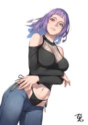  1girl absurdres bare_shoulders beeeeen bikini_jeans black_shirt blue_eyes blue_pants breasts clothing_cutout commentary_request commission crossed_arms denim female_focus highres jeans large_breasts legs_apart long_sleeves looking_at_viewer lowleg lowleg_pants medium_hair meme_attire midriff mole mole_under_eye navel original pants parted_lips pixiv_commission purple_hair red_eyes see-through_clothes shirt shoulder_cutout signature simple_background smile solo white_background zipper 