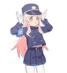  1girl absurdres armband belt black_jacket black_skirt blue_archive blush brown_eyes buttons chinese_commentary commentary commentary_request cosplay cowboy_shot double-breasted english_commentary gloves hands_up hat highres hikari_(blue_archive) hikari_(blue_archive)_(cosplay) jacket karubi_(karubi465558) long_hair long_sleeves mixed-language_commentary onii-chan_wa_oshimai! open_mouth oyama_mahiro pantyhose peaked_cap pink_hair pleated_skirt simple_background skirt solo very_long_hair white_background white_gloves white_pantyhose  rating:General score:12 user:danbooru