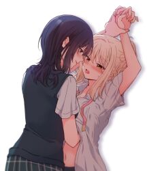  2girls asaka_karin black_sweater_vest blonde_hair blue_eyes blush coat commentary_request hair_ribbon hand_under_clothes hand_under_shirt holding_another&#039;s_wrist kuroda_roku_(345) long_hair love_live! love_live!_nijigasaki_high_school_idol_club miyashita_ai multiple_girls navel open_clothes open_coat open_mouth parted_lips pink_ribbon plaid_clothes plaid_skirt purple_hair ribbon shadow shirt short_sleeves simple_background skirt sweatdrop sweater_vest tongue tongue_out white_background white_shirt yellow_eyes yuri 