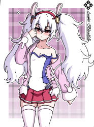  1girl absurdres animal_ears asahir azur_lane blush fake_animal_ears highres jacket laffey_(azur_lane) long_hair looking_at_viewer rabbit_ears red_eyes rubbing_eyes skirt tagme thighhighs wardrobe_malfunction white_hair  rating:Sensitive score:2 user:AsahirBloodfall