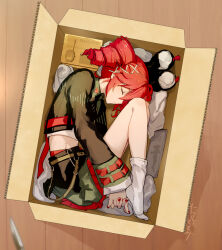  1girl black_jacket black_skirt box closed_eyes closed_mouth commentary_request cropped_jacket drill_hair fingernails hair_ornament highres in_box in_container interlocked_fingers jacket kasane_teto kasane_teto_(voicepeak) knife long_sleeves medium_hair nail_polish profile red_hair red_nails signature skirt sleeves_past_wrists smile socks solo torino_sasami twin_drills utau voicepeak white_socks x_hair_ornament 