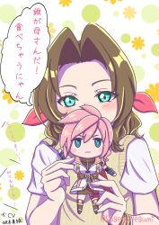 1girl aerith_gainsborough alternate_costume aqua_eyes artist_name blush bracelet character_doll commentary_request doll eyelashes final_fantasy final_fantasy_vii final_fantasy_xiii forehead hair_between_eyes hair_intakes hair_ribbon highres holding jewelry lightning_farron looking_at_viewer megu1214 pink_hair ribbon sakamoto_maaya shadow short_sleeves speech_bubble translation_request twitter_username upper_body voice_actor_connection