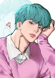  1boy adam&#039;s_apple aegyo_sal aqua_eyes aqua_hair baby_(kpop_demon_hunters) closed_mouth eyes_visible_through_hair hair_over_eyes highres kpop_demon_hunters lips looking_at_viewer male_focus pandolasan54093 pink_sweater shirt short_hair simple_background solo sweater white_background white_shirt zoom_layer 