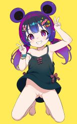  1girl akai_kuro animal_ear_headphones animal_ears animal_hair_ornament barefoot black_dress black_hair blue_nails blush bow bracelet collarbone decensored double_v dress fake_animal_ears flat_chest grin hair_ornament hairclip headphones heart heart_hair_ornament jewelry kneeling loli long_hair looking_at_viewer low_twintails mouse_ears multicolored_hair no_panties original purple_eyes purple_hair pussy rabbit_hair_ornament red_bow scrunchie smile smiley_hair_ornament star_(symbol) star_hair_ornament strap_slip teeth third-party_edit twintails two-tone_hair uncensored v wind wind_lift winged_heart yellow_background 