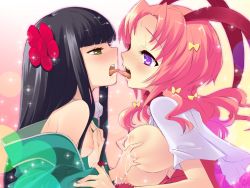 2girls alice_parade black_hair blush breasts female_focus french_kiss grabbing_another&#039;s_breast green_eyes groping hair_ornament highres ito_noizi kiss lactation large_breasts long_hair luna_(alice_parade) multiple_girls nipple_stimulation nipple_tweak nipples open_clothes open_mouth open_shirt pink_hair purple_eyes shirt short_hair small_breasts sparkle tongue yaname_(alice_parade) yuri rating:Questionable score:41 user:danbooru