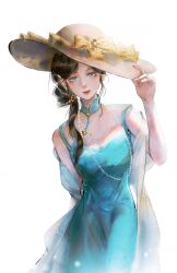  1girl absurdres bare_arms bare_shoulders beads black_hair blue_dress blue_eyes bow breasts brown_hat china_dress chinese_clothes closed_mouth collared_dress cowboy_shot dabajiao dress expressionless eyelashes eyeshadow hair_beads hair_bun hair_ornament hair_over_shoulder hand_on_headwear hat hat_bow high_collar highres infinity_nikki lipstick long_hair looking_at_viewer makeup mandarin_collar medium_breasts misty_poetics_(infinity_nikki) nikki_(series) parted_bangs pink_eyeshadow red_lips see-through_clothes see-through_dress shawl simple_background single_side_bun sleeveless sleeveless_dress solo standing sun_hat wavy_hair white_background white_shawl yellow_bow 