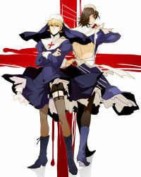 2boys back_cutout blonde_hair blue_footwear boots brown_eyes brown_hair clothing_cutout cross crossdressing crossdressing_(mtf) fate/stay_night fate_(series) garter_straps gilgamesh_(fate) habit kotomine_kirei male_focus multiple_boys nun pinki_(shounenkakuseiya) red_eyes thighhighs rating:Sensitive score:7 user:danbooru