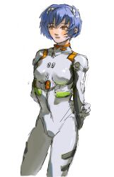  1girl arms_behind_back ayanami_rei blue_hair blush bodysuit hair_ornament hairpods highres mecha_pilot_suit neon_genesis_evangelion plugsuit_(evangelion) red_eyes short_hair simple_background sketch skin_tight solo uu0000322 white_background white_bodysuit  rating:General score:7 user:danbooru