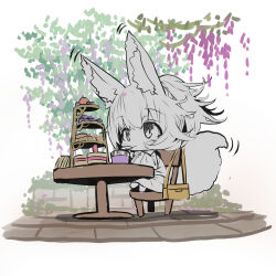  1girl absurdres animal_ear_fluff animal_ears bag barefoot chair chibi closed_mouth commentary_request flower food fox_ears fox_girl fox_tail hair_between_eyes handbag highres long_sleeves on_chair original ponytail purple_flower sandwich shirt shoulder_bag sitting skirt solo table tail tiered_tray white_background wide_sleeves yuuji_(yukimimi) 