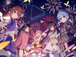  0th_generation_(hololive) 5girls :d aerial_fireworks azki_(4th_costume)_(hololive) azki_(hololive) blue_eyes blue_shirt blue_skirt closed_eyes cowboy_shot cropped_shirt fireworks from_below grey_hair grey_jacket hat highres hololive hood hood_down hoodie hoshimachi_suisei hoshimachi_suisei_(1st_costume) jacket looking_at_viewer multiple_girls night night_sky official_art open_mouth outstretched_hand overskirt pink_hoodie pink_skirt plaid_clothes plaid_hat plaid_jacket pleated_skirt poro_(apom6n) roboco-san roboco-san_(hoodie) sakura_miko sakura_miko_(1st_costume) shirt skirt sky smile tokino_sora tokino_sora_(1st_costume) virtual_youtuber 