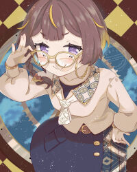  1girl adjusting_eyewear anya_melfissa anya_melfissa_(indonesian_casual) black_skirt blonde_hair blouse braid brown_hair brown_shirt checkered_background eyewear_strap glasses half-skirt hand_on_eyewear hand_on_own_hip highres hololive hololive_indonesia long_sleeves looking_at_viewer multicolored_hair neckerchief nya_amakusa official_alternate_costume pleated_skirt purple_eyes shirt short_hair side_braid skirt smile smug solo streaked_hair virtual_youtuber white_neckerchief white_skirt wrist_cuffs yellow-framed_eyewear 