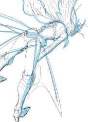 1girl armor armored_boots armored_gloves armored_leotard ass bending_forwards boots breasts butterfly_wings digimon digimon_(creature) female_focus fur_collar gloves hair_blowing hands_on_own_knees highres hudiemon insect_wings leotard long_hair looking_back medium_breasts ph6xeivbgpimggg skirt solo solo_focus thick_thighs thighhighs thighs wings