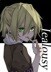  absurdres blonde_hair cigarette glowing glowing_eyes green_eyes highres hisha_(kan_moko) mizuhashi_parsee open_mouth pointy_ears short_hair simple_background touhou  rating:Sensitive score:4 user:penumbralperidoxide