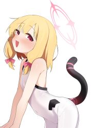  1girl :3 arched_back bare_back bare_shoulders blonde_hair blue_archive blush bodysuit bow covered_navel fake_tail flat_chest hair_bow half-closed_eyes halo highres leaning_forward loli looking_at_viewer low_twintails momoi_(battlesuit)_(blue_archive) momoi_(blue_archive) open_mouth pink_bow pink_halo short_hair simple_background sleeveless sleeveless_bodysuit smile solo tail teruisi twintails white_background white_bodysuit 