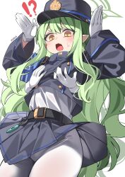  !? 1girl absurdres armband artist_name black_tail black_vest blue_archive blue_armband blush buttons commentary_request demon_tail disembodied_hand double-breasted fang gloves grabbing_another&#039;s_breast green_hair green_halo grey_skirt groping halo hat highres hikari_(blue_archive) korean_commentary loli long_hair open_mouth pantyhose peaked_cap pleated_skirt pointy_ears rabbit_pose rirua_(kjom802) shirt simple_background skin_fang skirt solo tail train_conductor vest white_background white_gloves white_pantyhose white_shirt yellow_eyes 
