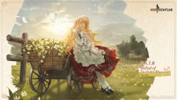  1girl :d animal apron black_shoes black_vest blonde_hair character_name cloud cloudy_sky commentary copyright_name daisy day english_commentary falling_petals fang fence field flower full_body girls&#039;_frontline grass highres holding holding_animal lamb leaning_on_object long_hair long_sleeves looking_at_viewer mary_janes meadow nin_(lion) official_alternate_costume official_art open_mouth outdoors pantyhose petals promotional_art red_skirt s.a.t.8_(ballad_of_twilight_blossoms)_(girls&#039;_frontline) s.a.t.8_(girls&#039;_frontline) second-party_source shadow sheep shirt shoes skirt sky smile solo standing teeth tree upper_teeth_only veil very_long_hair vest wagon white_apron white_pantyhose white_shirt white_veil wooden_fence 