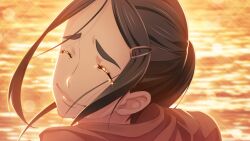  1girl asymmetrical_bangs black_hair closed_eyes crying facing_back floating_hair fukuda_tomonori game_cg hair_ornament hairpin highres imminent_death irei_mizuka jacket leather leather_jacket lips non-web_source ocean official_art outdoors ponytail robotics;notes shiny_lips smile solo solo_focus sparkle sparkling_tears sunset teardrop tearing_up 