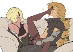  2girls areola_slip belt black_belt black_bra black_panties black_pants black_shirt black_skirt blonde_hair bra breasts brown_hair brown_pantyhose collarbone cookie_run cookie_run:_ovenbreak couch covered_mouth croissant_cookie croissant_cookie_(director_of_the_tbd) drill_hair drill_ponytail dual_persona eye_contact face-to-face foot_on_another&#039;s_face from_side hair_between_eyes highres humanization large_breasts leg_up long_hair looking_at_another low_ponytail mechanical_arms multiple_girls no_shoes official_alternate_hair_length official_alternate_hairstyle ohta_guk_hip on_couch one_breast_out panties pants pantyhose pinstripe_pants pinstripe_pattern ponytail profile shirt short_hair short_sleeves simple_background single_mechanical_arm sitting skindentation skirt small_breasts thighband_pantyhose timekeeper_cookie timekeeper_cookie_(ruler_of_the_ephemeral_flow) turtleneck turtleneck_shirt underwear very_long_hair white_background 