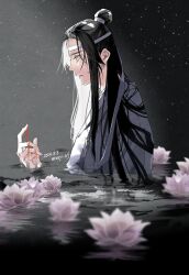  1boy black_background black_hair blood blood_on_hands chinese_clothes dated eyelashes flower from_side hand_up hanfu headband highres in_water lan_wangji long_hair looking_down lotus male_focus modao_zushi night night_sky partially_submerged profile robe sidelighting sky solo star_(sky) topknot twitter_username upper_body water wet wet_hair white_hanfu white_headband xiao_guan_(headdress) yellow_eyes ykmr_(haga) 