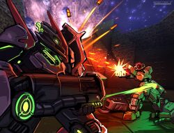  absurdres arm_cannon bionicle bullet crossover firing game_screenshot_background glowing glowing_eye green_eyes highres laser makron_(quake) mecha mecha_focus one-eyed onua_(bionicle) planet quake_(series) quake_1 quake_2 red_eyes robot screenshot_background specter_l the_lego_group weapon 