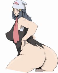1girl aged_up anal_hair ass blush bottomless breasts covered_erect_nipples dawn_(pokemon) dimples_of_venus female_focus female_pubic_hair hat huge_ass long_hair looking_back nezunezu nintendo pokemon pokemon_(anime) pubic_hair simple_background solo uncensored white_background rating:Explicit score:81 user:Ashera