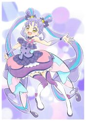 1girl absurdres blue_streaks boots bow bow_choker brooch choker commentary_request cure_kyunkyun dress earrings hair_bun headset heart heart_brooch heart_hair_bun highres idol_heart_brooch itaoka1 jewelry kimi_to_idol_precure looking_at_viewer magical_girl multicolored_hair open_mouth plaid_bow plaid_clothes plaid_dress plaid_sleeves precure purple_bow purple_choker purple_hair purple_wrist_cuffs shigure_kokoro shirt single-shoulder_shirt smile teardrop_earrings thigh_boots wrist_cuffs yellow_eyes yurie_mouth
