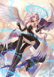 10s 1girl 2015 angel angel_wings archangel_metatron_(p&amp;d) bad_id bad_pixiv_id blue_eyes book bridal_gauntlets choker dated female_focus full_body halo highres long_hair magic_circle multiple_wings nail_polish pink_hair puuzaki_puuna puzzle_&amp;_dragons revealing_clothes runes shoes signature solo white_wings wings rating:Sensitive score:46 user:danbooru