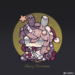  animal_ears box byakuran_leo chibi chibi_only christmas gift gift_box glasses green_eyes hat highres merry_christmas original pink_hair rabbit_ears santa_costume santa_hat smile 