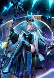  1girl black_dress black_gloves black_thighhighs blue_eyes blue_lips crossed_legs crown dress fate/grand_order fate_(series) gloves hair_between_eyes high_heels long_hair morgan_le_fay_(fate) morgan_le_fay_(queen_of_winter)_(fate) non-web_source official_art polearm ponytail redrop sitting solo spear spikes thighhighs thighs veil very_long_hair weapon white_hair 