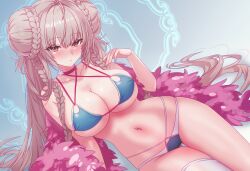  1girl absurdres arbiter1 azur_lane bikini blue_bikini blush braid braided_bun breasts choker criss-cross_halter double_bun feather_boa formidable_(azur_lane) formidable_(the_lady_of_the_beach)_(azur_lane) hair_bun halterneck highres large_breasts long_hair looking_at_viewer multi-strapped_bikini_bottom multi-strapped_bikini_top navel official_alternate_costume red_eyes single_thighhigh solo swimsuit thighhighs very_long_hair 