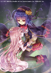  2girls black_cloak body_markings boots cloak colored_skin emil_chronicle_online footwear_ribbon glasses headpat logo long_hair monster_girl multiple_girls neck_ribbon nekozuki_yuki official_art pantyhose paracelsus_lore pink_hair pink_skin purple_hair red_eyes red_ribbon red_skirt ribbon skirt slime_girl 