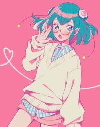  1girl adjusting_eyewear antennae aqua_eyes aqua_hair bespectacled blue_shirt blush brown_sweater buttons collared_shirt cowboy_shot denim denim_shorts eyelashes glasses hagoromo_lala hair_between_eyes hair_ornament hand_on_eyewear heart heart_of_string long_sleeves looking_at_viewer nachuchoco open_mouth pink_background pink_shorts pointy_ears precure puffy_long_sleeves puffy_sleeves red-framed_eyewear round_eyewear shirt shirt_under_sweater short_hair short_shorts shorts sleeves_past_wrists solo standing star_twinkle_precure striped_clothes striped_shirt sweater vertical-striped_clothes vertical-striped_shirt 