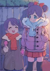 2girls ^_^ absurdres aqua_eyes blush bow closed_eyes coat dorontabi double_bun hair_bow hair_bun height_difference highres holding_hands manaka_laala manaka_non miniskirt mittens multiple_girls outdoors pretty_series pripara purple_hair scarf side_ponytail skirt thighhighs winter_clothes rating:General score:33 user:danbooru