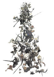  2002 6+boys 6+girls :d adventurer_(ff11) amano_yoshitaka animal_ears arrow_(projectile) axe bird blonde_hair bodypaint bow_(weapon) breasts cat_ears cat_girl cat_tail chocobo cleavage commentary elf elvaan final_fantasy final_fantasy_xi galka hat helmet highres holding holding_axe holding_bow_(weapon) holding_shield holding_staff holding_sword holding_weapon hume medium_breasts mithra_(ff11) multiple_boys multiple_girls official_art open_mouth pointy_ears prototype_design red_hair riding riding_bird second-party_source shield short_hair signature simple_background smile staff sword tail tarutaru weapon white_background white_hair witch_hat 