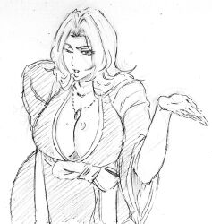  1girl bleach blowing_kiss breasts cleavage japanese_clothes kubo_tite_(style) large_breasts long_hair looking_at_viewer matsumoto_rangiku one_eye_closed rakusakugk shihakusho solo wink  rating:Sensitive score:9 user:YuukoLover