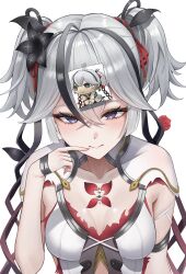  1girl absurdres black_flower blake_bloom_(wuthering_waves) breasts camellya_(wuthering_waves) camellya_mascot_(meme) closed_mouth collar collarbone commentary finger_to_mouth fingernails flower grey_hair hair_between_eyes hair_flower hair_ornament hair_ribbon hair_vines hand_up highres light_blush looking_at_viewer maru_(marunouchi77) medium_breasts meme purple_eyes red_pupils red_ribbon ribbon short_hair short_twintails simple_background solo tacet_mark_(wuthering_waves) twintails upper_body white_background white_collar wuthering_waves 