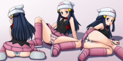 00s 1girl ass blue_eyes blue_hair blush boots breasts cameltoe covered_erect_nipples dawn_(pokemon) dress from_behind hat legs long_hair looking_back lying miniskirt multiple_views nintendo open_mouth panties pantyshot pink_boots pokemon pokemon_dppt scarf short_dress sitting skirt small_breasts smile striped_clothes striped_panties thighs tsumitani_daisuke underwear upskirt rating:Sensitive score:214 user:BlueBaroness