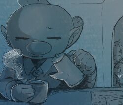  2boys alternate_costume analog_clock arch arm_on_table bags_under_eyes big_nose blue_theme buttons casual clock closed_eyes closed_mouth collared_shirt cup doorway frown full_body furrowed_brow highres holding holding_cup iat-418 indoors long_sleeves louie_(pikmin) male_focus monochrome mug multiple_boys nintendo notice_lines olimar pants paper pikmin_(series) pointy_ears pouring shirt shoes short_hair sitting solo_focus steam teapot upper_body very_short_hair worried 