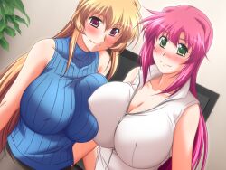  blonde_hair breast_press breasts fechi_chichi_kyonyuu_sensei_no_yuuwaku_jugyou green_eyes huge_breasts jinguuji_nozomi kachou_satsuki long_hair non-web_source pink_hair red_eyes ribbed_sweater sweater symmetrical_docking yamane_masahiro 