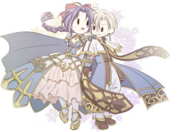  1boy 1girl arch_bishop_(ragnarok_online) armor armored_boots armored_dress blonde_hair blue_coat blue_dress boots bow braid brown_gloves brown_shirt brown_shoes closed_mouth coat commentary_request cross dress fingerless_gloves full_body gloves gold_trim hair_bow holding_hands long_hair looking_at_another looking_to_the_side official_alternate_costume open_clothes open_coat open_mouth pants pantyhose pauldrons petticoat pink_bow purple_hair ragnarok_online royal_guard_(ragnarok_online) sharari shirt shoes short_hair shoulder_armor shrug_(clothing) simple_background single_braid smile solid_oval_eyes variant_set white_background white_pants white_pantyhose 