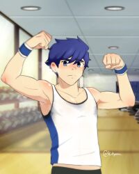  1boy armpits blue_eyes blue_hair flexing gym idolmaster kityeou looking_at_viewer male_focus muscular muscular_male pectorals short_hair solo sweat taiga_takeru tank_top window wooden_floor wristband  rating:Sensitive score:0 user:TickTack