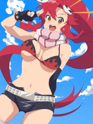  1girl arm_behind_back asymmetrical_gloves belt bikini bikini_top_only black_gloves black_shorts blue_background blue_sky breasts brown_eyes commentary_request cowboy_shot fingerless_gloves flame_print gloves hair_ornament highres long_hair looking_at_viewer medium_breasts navel open_mouth pink_scarf pink_thighhighs plic-ploc red_hair salute scarf short_shorts shorts skull_hair_ornament sky solo stomach swimsuit teeth tengen_toppa_gurren_lagann thighhighs two-finger_salute upper_teeth_only very_long_hair white_belt yoko_littner 