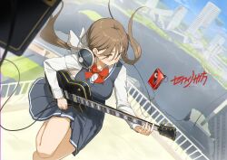  1girl absurdres amplifier artist_name blue_sky blurry blurry_foreground blush bow bowtie breasts brown_eyes brown_hair building cable cassette_player closed_mouth cloud collared_shirt commentary_request day dutch_angle electric_guitar floating floating_clothes floating_hair floating_island floating_object glint grey_skirt grey_vest guitar hair_bow handrail headphones headphones_around_neck highres holding holding_guitar holding_instrument holding_plectrum hz_(helu_2) instrument instrument_request large_breasts leg_up long_hair long_sleeves looking_to_the_side low_twintails music on_rooftop original outdoors playing_guitar playing_instrument pleated_skirt plectrum post-apocalypse railing red_bow red_bowtie ruins school_uniform shirt skirt sky solo standing standing_on_one_leg sunlight translation_request turning_head twintails vest white_bow white_shirt 