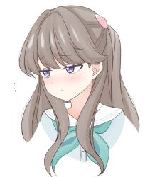  ... 1girl :/ aqua_neckerchief averting_eyes blue_dress brown_hair closed_mouth commentary cropped_shoulders dress fujishima_megumi hair_intakes hashtag-only_commentary hasu_no_sora_school_uniform highres jitome link!_like!_love_live! long_hair looking_to_the_side love_live! neckerchief notice_lines purple_eyes raised_inner_eyebrows sailor_collar sailor_dress school_uniform simple_background sleeveless solo summer_uniform tsubuan_(in_taiyaki) two_side_up virtual_youtuber white_background white_sailor_collar 