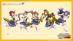 5girls anniversary baba_konomi bandai_namco belt blue_eyes blue_hair blue_skirt boots bow braid brown_eyes brown_hair bug butterfly copyright_name copyright_notice english_text floating frilled_skirt frills hair_bow hakozaki_serika highres idol_clothes idolmaster idolmaster_million_live! idolmaster_million_live!_theater_days insect miyao_miya mochizuki_anna multiple_girls nonohara_akane official_art one_eye_closed open_mouth orange_eyes plaid_clothes red_eyes red_hair shoe_soles skirt star_(symbol) thick_eyebrows twintails v wrist_cuffs yellow_background