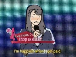  1girl 2021 alternate_costume davriann eizouken_ni_wa_te_wo_dasu_na! english_text freckles glasses holding holding_microphone kanamori_sayaka long_hair long_sleeves lowres microphone pale_skin parody solo twitter 
