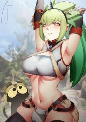  1girl absurdres alternate_costume alternate_hairstyle armpits arms_up blush breasts cat ceres_fauna cosplay fur_trim goggles goggles_on_headwear green_hair hair_branch helmet highres holocouncil hololive hololive_english horns jamwes kirin_(armor) large_breasts long_hair midriff mole mole_under_eye monster_hunter_(series) navel open_mouth outdoors pelvic_curtain pilot_helmet ponytail signature smile snail_(ceres_fauna) solo stomach thighhighs underboob virtual_youtuber yellow_eyes  rating:Questionable score:13 user:1127V